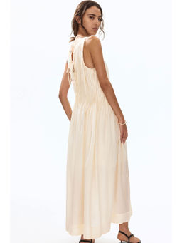 H&M - Women Beige Pintucked Flared-Skirt Dress