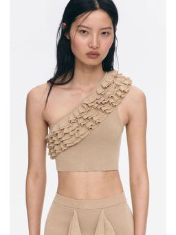 H&M - Women Beige Ruffled One-Shoulder Crop Top
