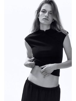 H&M - Women Black Button-Detail Cap-Sleeved Top