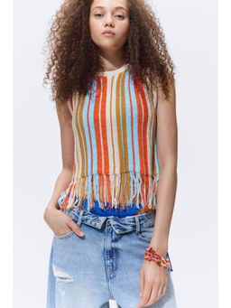 H&M - Women Beige Fringed Knitted Top