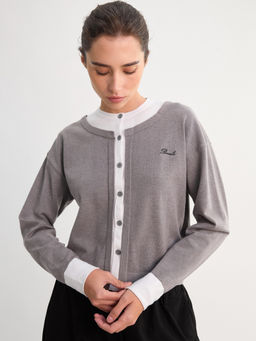 Pomelo - Layered Embroidered Cardigan - Mid Grey