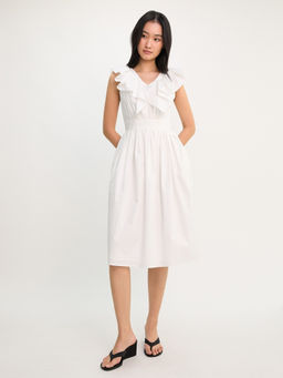 Pomelo - Midi Dress with Ruffle Detail - White