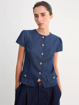 Pomelo - Denim Peplum Top - Dark Blue
