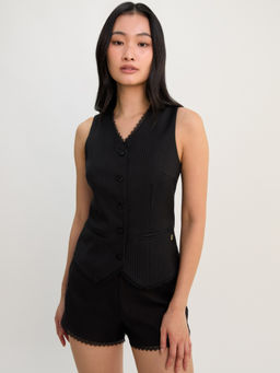 Pomelo - Pinstripe Vest with Lace Trim Detail - Black