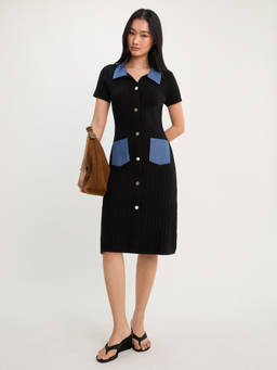 Pomelo - Contrast Collar Midi Dress - Black