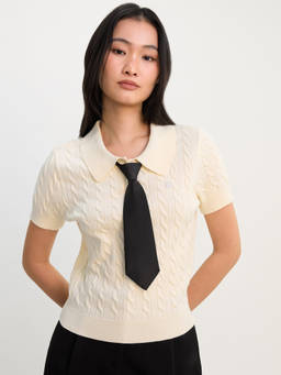 Pomelo - Polo Knit Neck Tie Detail Top - Ivory