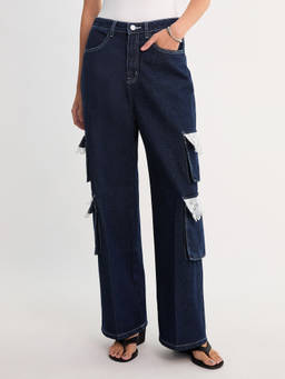 Pomelo - Lace Pocket Detailed Wide Leg Jeans - Blue