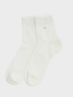 Pomelo - Ankle Socks with Ruffle Trim Bow Detail - White