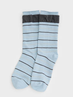 Pomelo - Striped Contrast Cuff Crew Socks - Baby Blue