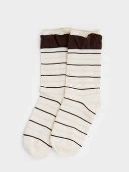 Pomelo - Striped Contrast Cuff Crew Socks - Cream