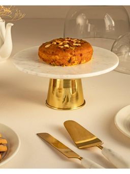 Marbleous - White Marble Brass Cake Stand with Knife and Server