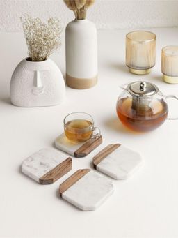 Marbleous - Square White Marble Wood Coasters (Pack of 4)