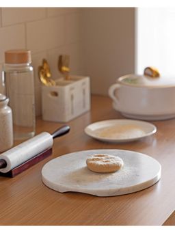 Marbleous - White Marble Rolling Pin With Marble Chakla-GREEN