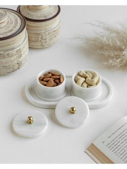 Marbleous - White Two Condiment Jars with Marble Tray