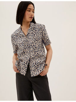 Marks & Spencer - Brown Pure Cotton Animal Print Collared Blouse