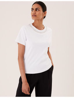 Marks & Spencer - White Pure Cotton Embellished Regular Fit Top