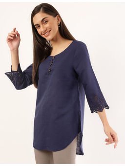 Marks & Spencer - Blue Linen Mix Plain Round Neck Tunic