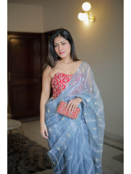 Sutra Attire - Grey Handcrafted Organza Tissue Saree with Unstitched Blouse