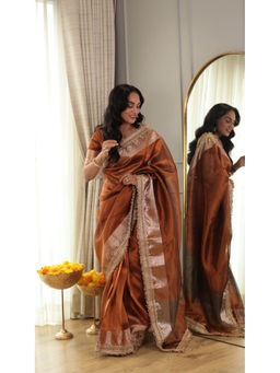 Sutra Attire - Russet Brown Banarasi Handwoven Tissue Saree with Unstitched Blouse