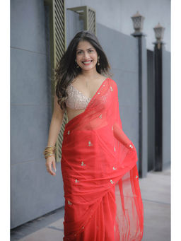 Sutra Attire - Cerise Red Chiffon Work Saree with Unstitched Blouse