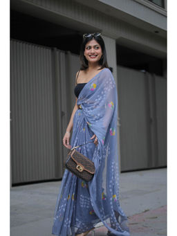 Sutra Attire - Grey Chiffon Hand Bandhani Saree with Unstitched Blouse