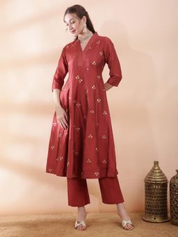 Globus - Women Rust Collar Sequinned Embroidered Panelled Kurta With Pant