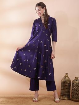 Globus - Women Black V-Neck Sequinned Embroidered Panelled Kurta With Pant