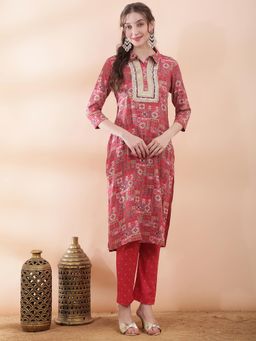 Globus - Women Pink Ethnic Foil Print Collared Neck Lace Yoke Kurti With Pant