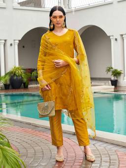 Tikhi Imli - Mustard Mirror Work Embroidered Kurta and Pants with Dupatta (Set of 3)