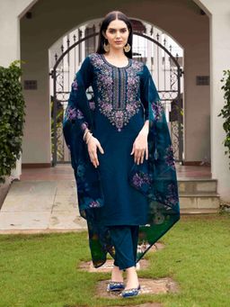 Tikhi Imli - Teal Blue Embroidered Kurta and Pants with Dupatta (Set of 3)