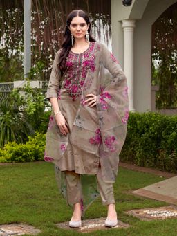 Tikhi Imli - Brown Embroidered Kurta and Pants with Dupatta (Set of 3)
