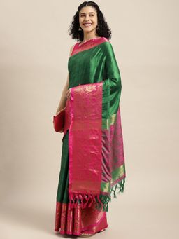 Vastranand - Green & Pink Woven Design Banarasi Saree with Unstitched Blouse