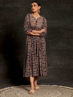 Libas - Black Floral Printed Cotton Pleated Dress with Tassels On Yoke
