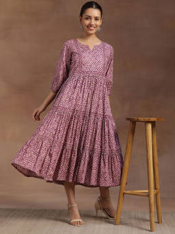 Libas - Purple Ethnic Motif Printed Panelled A-Line Dress with Pocket and Beads Detail