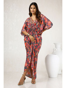 Soch - Womens Grey Viscose Muslin Floral Print Kaftan with Beads and Stones