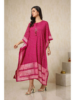 Soch - Womens Fuchsia Chinon Bandhani Print Kaftan with Sequins