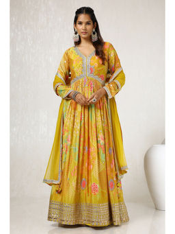 Soch - Womens Viscose Crepe Yellow Gown with Gotta Patti with Dupatta (Set of 2)