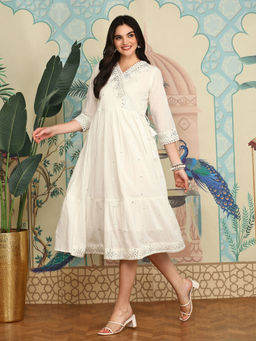 ISHIN - Women Cotton Embroidered White Midi Dress