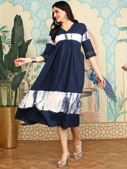 ISHIN - Women Cotton Tie & Dye Navy Blue Kurta