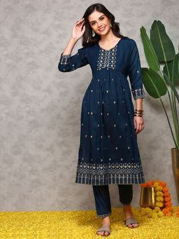 ISHIN - Women Chinon Embroidered Navy Blue Kurta with Pant (Set of 2)