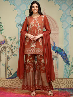 ISHIN - Women Chinon Floral Rust Kurta with Sharara and Dupatta (Set of 3)