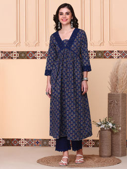 ISHIN - Women Cotton Floral Navy Blue Kurta with Pant (Set of 2)