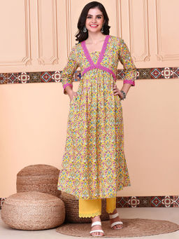 ISHIN - Women Cotton Floral Yellow Kurta with Pant (Set of 2)