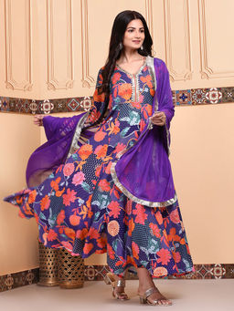 ISHIN - Women Viscose Floral Purple Anarkali Kurta and Dupatta (Set of 2)