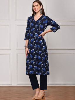 ISHIN - Women Cotton Floral Navy Blue Kurta with Pant (Set of 2)