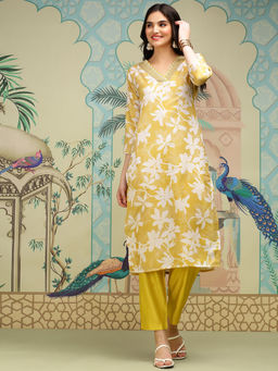 ISHIN - Women Silk Floral Yellow Kurta with Pant (Set of 2)
