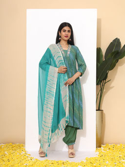ISHIN - Women Viscose Embroidered Green Anarkali Kurta, Salwar and Dupatta (Set of 3)