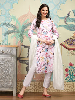 ISHIN - Women Cotton Floral Blue Kurta with Pant and Dupatta (Set of 3)