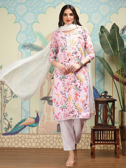 ISHIN - Women Cotton Floral Pink Kurta with Pant and Dupatta (Set of 3)