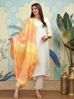 ISHIN - Women Silk Embroidered White Kurta with Pant and Dupatta (Set of 3)